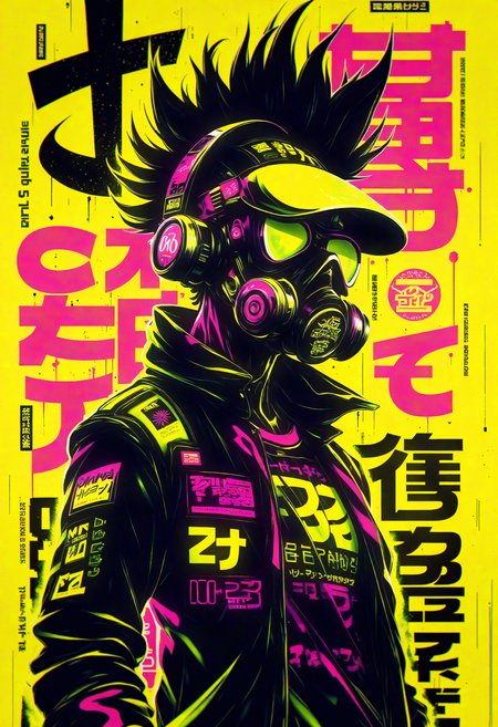 bo-cpposter,  futuristic portrait of a figure wearing a sleek gas mask and stylized helmet, exuding an edgy urban vibe. The character has wild, tousled hair and is dressed in a fitted black jacket adorned with neon accents, set against a vibrant backdrop. Utilize a color palette dominated by bright yellows, electric pinks, and deep blacks, creating a high-contrast, cyberpunk aesthetic. Incorporate graphic elements and abstract shapes that evoke a sense of movement and energy. The setting should suggest a bustling cityscape with neon signage subtly blurred in the background, creating depth. Aim for a hyperrealistic style that emphasizes sharp details, showcasing the character's intense expression and unique attire. , <lora:Flux\boFLUX Cyberpunk Poster.safetensors:1.4000000000000001:1.4000000000000001>