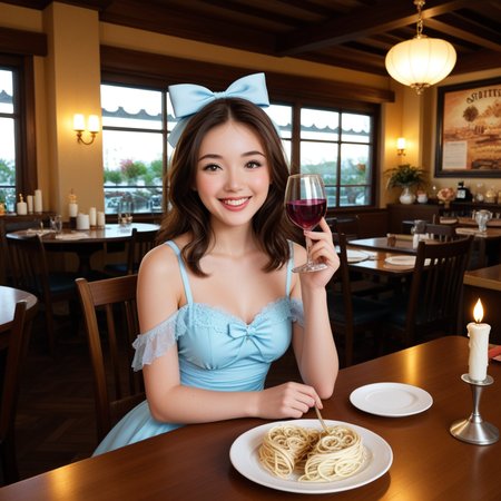 pbest, masterpiece, highly detailed textures, highly detailed fabrics, absurdres, brunette hair, CindyXL, 1girl,
looking at the viewer, open eyes, happy, romantic, sitting at a cafe at sunset, on a date, cute dress, hair bow, ribbons, anime hearts, candle light, cafe table decorated with candles and wine glasses and a wine bottle and dishes of pasta and a wrapped valentine's day present, cute, sweet <lora:add-detail-xl:2.0> <lora:CindyXL:0.7000000000000001>