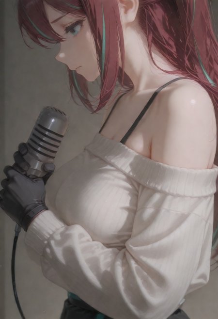 [c]akoya_matama, multicolored hair, streaked hair, green hair, green eyes, long hair,, 1girl, solo, simple background, saggy breasts, medium breasts, white SWEATER,gloves, bare shoulders,upper body,long sleeves ,black gloves, SAD FACE,holding microphone,black skirt,fine fabric emphasis,FROM SIDE, masterpiece, best quality, newest, absurdres, highres, very awa, detail pupil, cunnyfunkystyle,portrait,upper body,