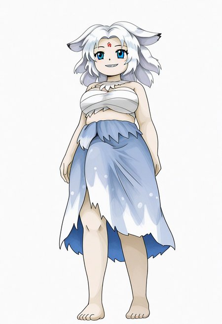 watercolor, aesthetic, colorful, jaggy lines, zun \(style\), BREAK, 1futa, solo, ((Houjuu_Chimi_TH20) white hair, short hair, floppy ears, extra ears, parted bangs, two-tone hair, ears down, grey eyes, forehead mark, white chest wrap, blue loincloth, barefoot), short, small body, chubby, large breasts, standing, from below, futanari, skirt bulge, grin, sharp teeth