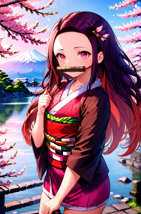 anime artwork of highres,sidelight,
1girl,<lora:Nezuko_XL_0_-000005:1>,kamado nezuko,gaged,bit gag,standing,mount fuji,lake,cherry_blossoms,blurry background,upper_body,face_focus,Gestures,, anime style, key visual, vibrant, studio anime,  highly detailed