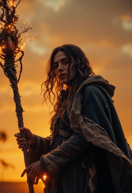 cinematic Closeup movie still-shot,  Create an action scene featuring a halfling hobbit wizard male with Long hair in a broad outworn hooded cape shading his eyes, standing in the midst of an DARK desert forest. he is executing a powerful spell with his Long orb-staff with a translucent Amber Sphere head that carves a furrow through the sand and enemies on the ground, scattering them away or disintegrating them with the force of the blow. The focus is on the intricate designed luminous orb-staff capturing the dynamic speed of the Magic force. Pressure Wave, floating particles, the Closeup of his face silhouette visible against the backdrop of the setting sun, which shines through parts of his body. his billowing Linen cape adding to the dramatic effect. The scene is vibrant with atmospheric lighting and cinematic composition. Super Face Closeup