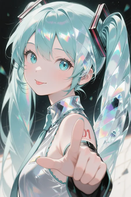 masterpiece, best quality, iridescent_crystaline, 1girl, pointing at viewer, looking at viewer, looking to the side, hatsune miku, closed mouth, tongue, light smile  <lora:Iridescent_crystaline:1>