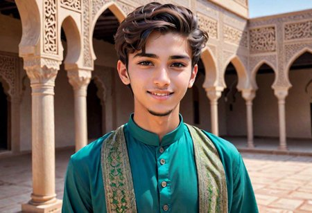1guy,  muslim guy, detailed muslim face, partially smile, huge bulged, cute handsome face, 21yo, His skin reflecting the light, wearing a colored muslim cloth, high detailed, high quality, 8K Ultra HD, full body shot, twink body, (( islamic culture center )), slim young body,