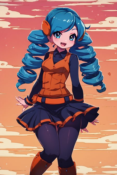 score_9, score_8_up, score_8, medium breasts, (curvy), cute, eyelashes,       ,,, , ,,, zzABW, blue hair, blue eyes, drill hair, orange vest, belt, skirt, black pantyhose, knee boots, scrunchie,  <lora:AceTrainerBW_Pokemon_PDXL:1.0>,  ,,,, BREAK, smile, looking at viewer, cowboy shot, ,,, embedding:zPDXL, Expressiveh, ,,, <lora:Zankuro_Style_PDXL:0.8> <lora:SDXLFaeTastic2400:0.5>, <lora:Expressive_H-000001:0.4>,