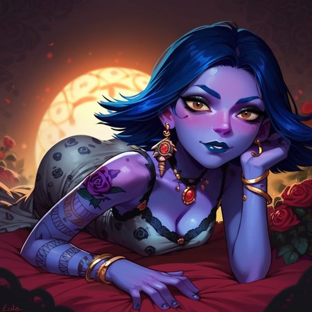 score_9, score_8_up, score_7_up, score_6_up, lizzie natividad, 1girl, solo, earrings, colored skin, purple skin, blue hair, black tattoos, blue lipstick, blue eyebrows, rose pattern, makeup, eyeshadow, brown eyes, looking at viewer,  detailed background, elegant woman,hourglass body, good lighting,looking at viewer, view from behind, ass, pov, grey dress,  <lora:Lizzie_Natividad_Psychonauts_-_PonyXL:0.9>   <lora:incase-ilff-v3-4:0.5> <lora:d3p1x3lXLP:0.65>