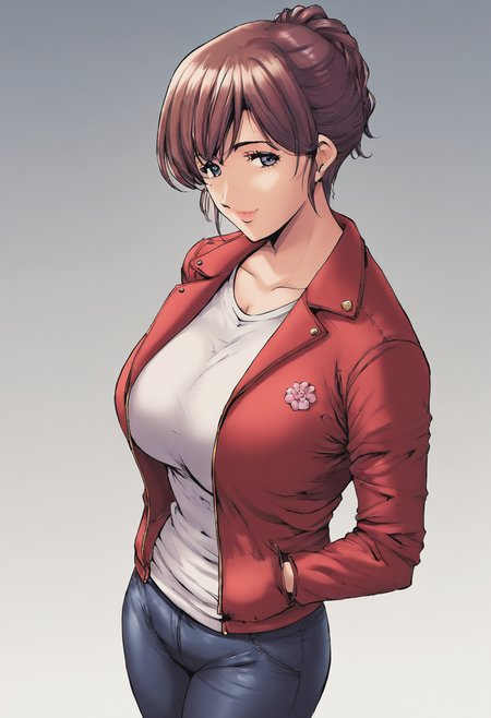 source_anime, score_9, score_8_up, score_7_up, 1girl, mature_female, large_breasts, portrait, solo, looking_at_viewer, open_eyes, Standing, pretending to smell a big flower, from_above, (Puc Jacket), portrait,rating_safe, <lora:pony\artist_styles\hoshino_ryuichi_pony:1.0>