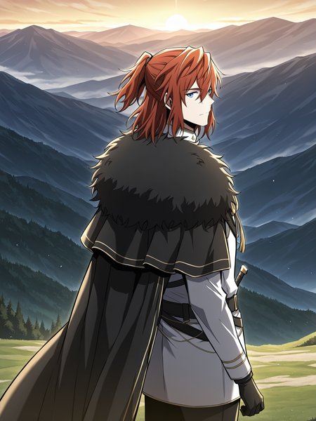 <lora:Arthur_Lewin__The_Beginning_After_the_End__Illustrious:1>
Arthur, 1 boy, solo, red hair, blue eyes, white coat, black cape, sword
score_9, score_8_up, score_7_up, source anime, BREAK, cowboy shot, (from side), looking back, looking at viewer, overlooking mountain, high altitude, scenery, exterior, background