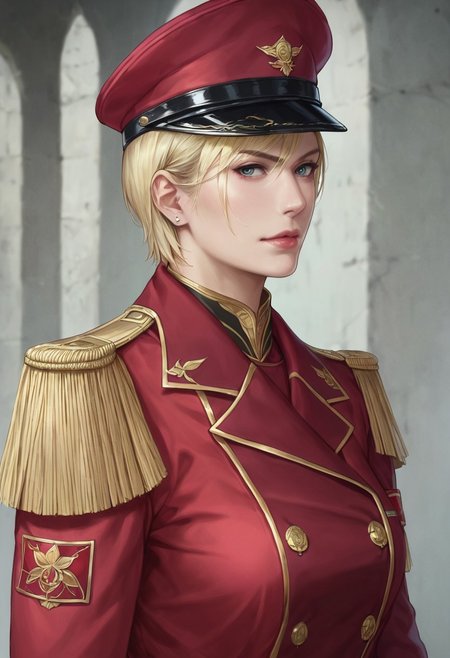 score_9, score_8_up, score_7_up, score_6_up, source_realistic, BREAK 1girl, solo, Commander, blonde, short hair, Military hat, military uniform, epaulettes, white gloves,