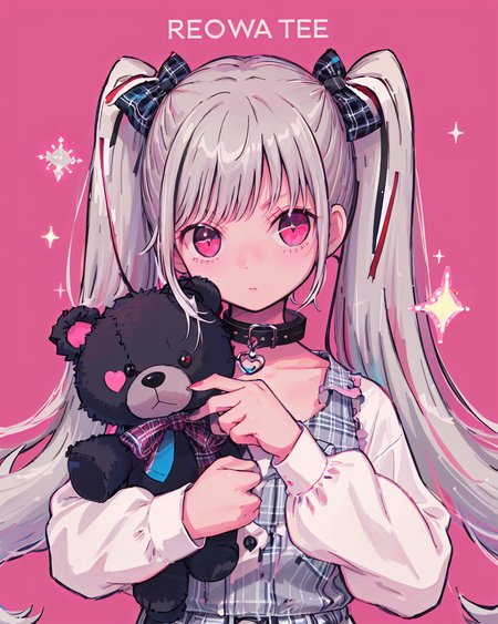 1girl, solo, stuffed toy, twintails, stuffed animal, pink background, upper body, long hair, teddy bear, long sleeves, bow, pink eyes, holding, sparkle, collar, plaid, heart, grey hair, red eyes, white hair, simple background, ribbon, english text, bangs, hair bow, plaid dress<lora:morning_glory:1>