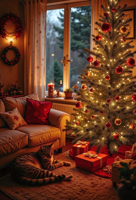 (Masterpiece, best quality, well lit, highly detailed) Christmas, Christmas party, Christmas tree, cozy, warm lighting, christmas living room, indoors, with a sleeping cat, candycane, cookies