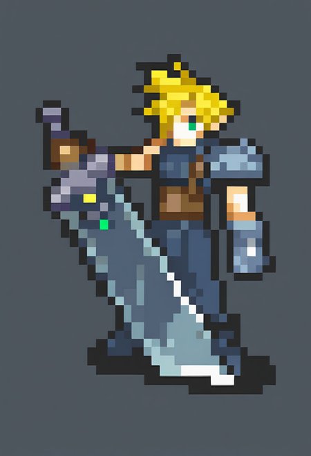 masterpiece, best quality, solo, 1boy,  <lora:FEGBA-Sprites-illus_Fp:1>, simple background, pixel art, full body, cloud strife, buster sword, blonde hair, holding sword,