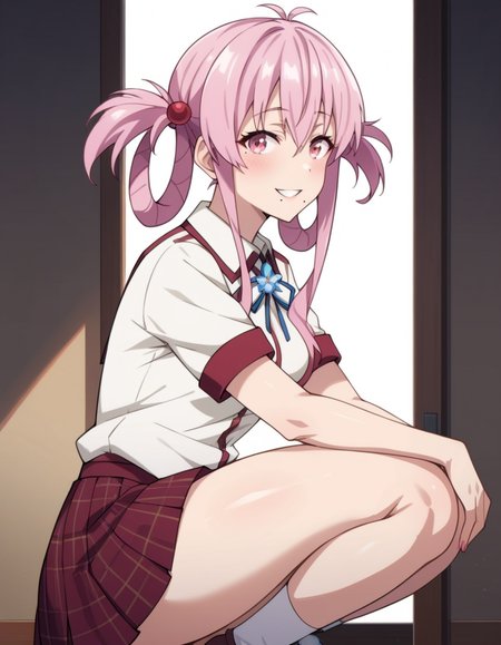 score_9, score_8_up, score_7_up, source_anime, uncensored, <lora:StS_detail_slider_v1:3>, zPDXLxxx, <lora:Momo_Sakurabara_PONYXL_VexVexX:1>, MomoSakurabara, 1girl, pink eyes, pink hair, twintails, hair rings, sidelocks, hair bobbles, hair ornament, bangs, mole under mouth, medium breasts, school uniform, ribbon, plaid skirt, pleated skirt, cowboy shot, indoors, from side, Squat jump, exploding upwards from a squatting position, thighs, looking at viewer, smile,
