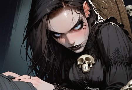 score_9, score_8_up, score_7_up, g0th1cxl ,bone white skin, black goth makeup, black lipstick, smeared makeup, sinozick style, Expressive, source_comic, extremely attractive woman sitting on a throne of skulls, brunette , horny, large perky breasts, black frilly blouse, skull belt, frilly black miniskirt, black fighter stockings, indentation , dynamic sexy pose, gothic background, bad photo composition, accidental photo, poorly framed, out of focus , 
BREAK 
dramatic angle, unique perspective, unique angle,