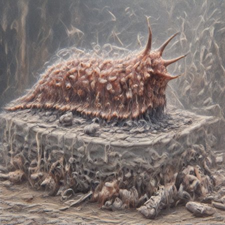 Dark Fantasy page, Inside a crypt. sluggirl,  undead, twitching, writhing. Walls made of flesh. Painting. Monster Manual. s34slug, 
zombie slug hybrid man monster.