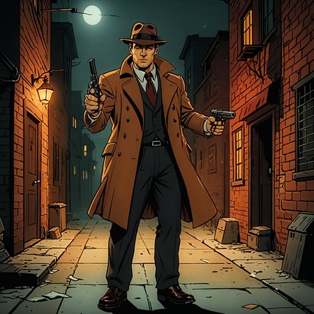 nightime shot of film noir detective brandishing his gun in a dark menacing alley <lora:add-detail-xl:1>   <lora:Cartoon_SDXL_V2-fixed:1> cartoon, flat colors, vivid colors