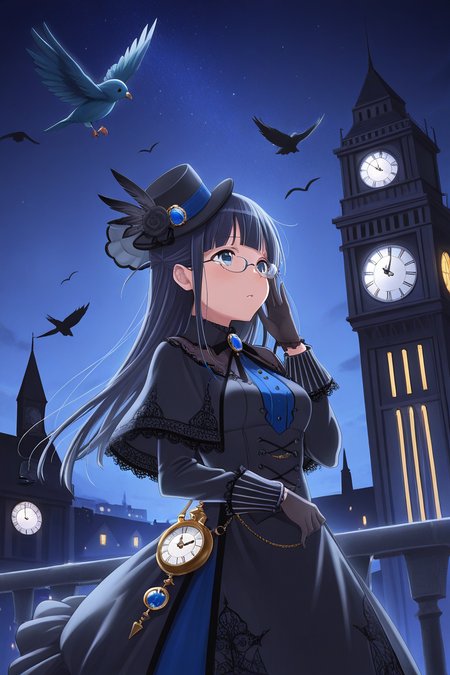 masterpiece, best quality, amazing quality,
 <lora:Mahiru_IL:1> mahiru, 1girl, bird, clock, hat, long hair, glasses, night, gloves, solo, dress, sky, clock tower, blue eyes, night sky, black gloves
