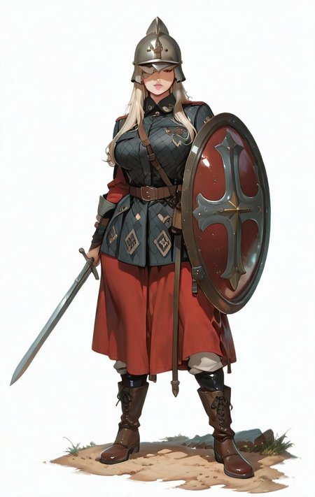 hyper-detailed, modernretroanime, Anime, anime screencap, cel shading,  dramatic, sharp detail, mature female, Full-body illustration of female soldier, largebreasts, wide hips, thighs, thick thighs, atheltic female, luscious lips, wearing a detailed Niederbieber-type helmet with cross-pattern reinforcing ridges and cheek guards that can be fastened together. She wields a Spatha sword (900mm/36 inches), historically used by cavalry in the 1st and 2nd centuries. She also carries a spiculum, a heavy pilum-type javelin. She wears chain mail, an oval shield, a long-sleeved tunic, trousers, and boots, historically accurate to 3rd-4th century Roman infantry. The helmet style transitions toward an Intercisa-type. She has an hourglass physique, wide hips, luscious lips, and long flowing hair, exuding both beauty and strength. One leg is positioned straight to the side, with her foot resting on her shoulder, showcasing flexibility and power. Ultra-detailed, cinematic lighting, historical realism, 8K, dramatic pose, dynamic composition, artist:moriimee
