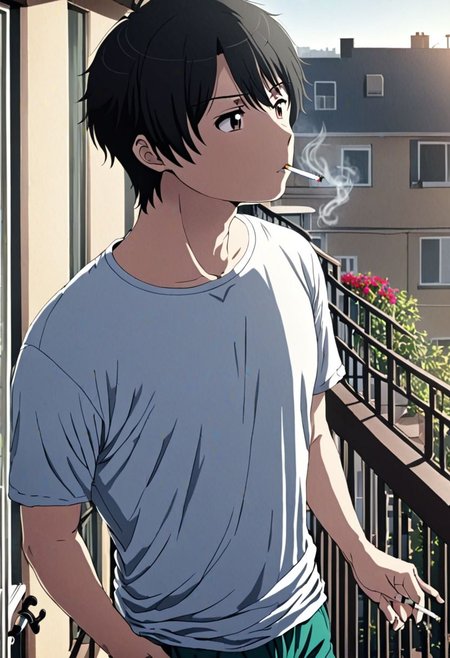 high resolution, solo, best quality, 1Boy, Inaho Kaizuka, Black Hair, home balcony, morning, cigarette, coffee, t-shirt, shorts, looking away, OverallDetail
