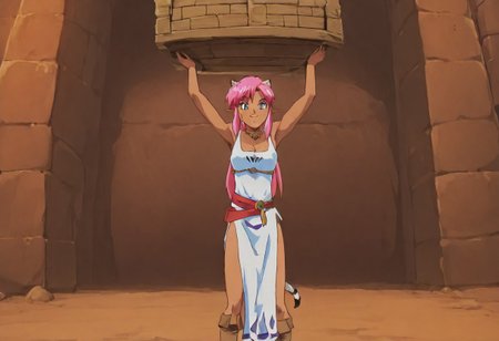 Pink_DragonPink, 1girl, sleeveless dress, white tiger print dress, pelvic curtain, cleavage, white tiger tail, red sash, small breasts, leather shoes, masterpiece, very aesthetic, smiling wide, <lora:pink-illustrious:1>, 
Break
1boy,Anime screencap,link (zelda),blonde hair,blue eyes,pointy ears, low ponytail, sidelocks, wearing blue hyilian tunic, 
Break
Hyrule dungeon interior, super_strength, pink_dragonpink holding an ornate treasure chest, over head, hands up, over her head like an item