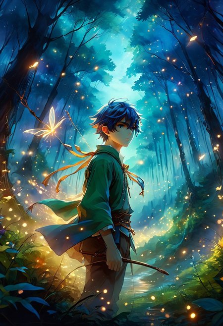 mix of watercolor and oil painting, anime artwork, anime style, studio anime, etheral, motion lines, glowing, Chiaroscuro, 1 boy, cute, ethereal, magic, cinematic composition, elf, bow, ready to shoot, fantasy elfic forest, deep colors, vivid, colorful, fairy tale aethestics, magic, fireflies, cinematic composition, volumetric lighting, volumetric fogs, volumetric dusk, lots of volumetric clouds, cinematic composition, close-up, penumbra, celestial, ethereal