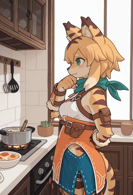 (cutesy-co:0.6),general,1girl,furry female,kemono,mia_(world_flipper),tiger,hand on own chin,hand behind back,from side,
BREAK
kitchen,cooking,detailed fur,detailed hair,incredibly absurdres,highres,newest,window,scenery,<lora:CutesyCo:0.8>,<lora:Mia_World_Flipper:0.85>,<lora:cfg_scale_boost:0.65>,