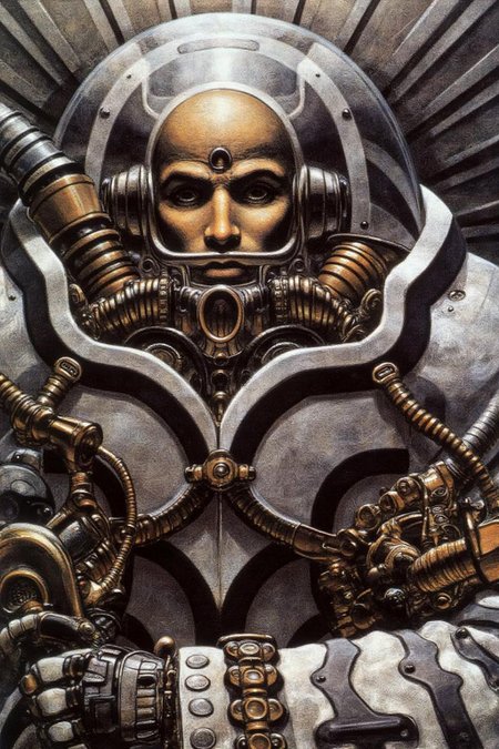 juangimenez1 illustration. A man in a metallic, segmented suit with mechanical components such as tubes, gears, and a central oval device. The face is partially visible behind a metallic mask. He holds a metallic scepter in his arm. The background has an abstract, fan-like pattern. <lora:juangimenez1_cap_d8a4e12:1.0><lora:857649592118866014:0>