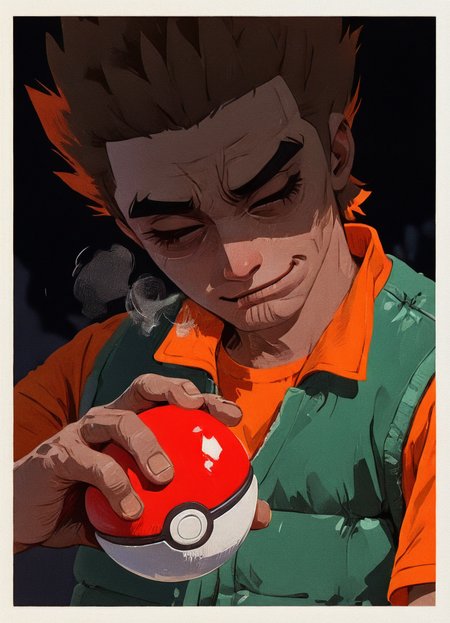 (by spearmintaii:1.2), masterpiece, best quality, flat color,  thick eyelashes, blurry background, depth of field, dark background, texture, pastels, white border, halftone, impasto, textured foreground, textured hair, no lineart, no outline,dark theme,shaded eyes, eyes closed,
BREAK

dynamic angle, 1boy, solo, brock\(pokemon\), mature male, brown skin, narrowed eyes, head tilt, kaogei,(disappointed:1.3),smirk, breath, nostrils, furrowed brow, close up, face focus, holding poke_ball, dark orange t-shirt green vest, outstretched arm,