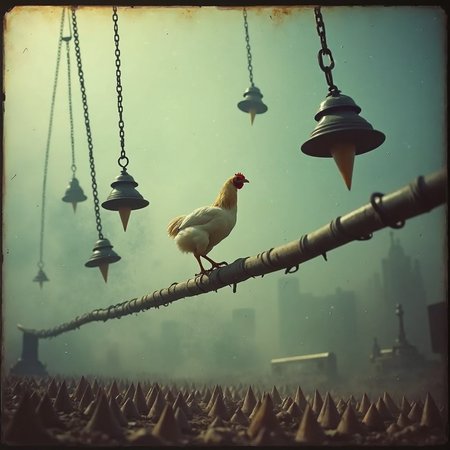 (analog grainy film still taken on polaroid film, vhs footage low quality, Analog distortion effect, Retro video quality) 

A chicken ventures forth on a slender, trembling beam, its heart racing as it navigates the perilous path. Enormous, menacing pendulums with sharp, gleaming spikes swing menacingly around it, each swing bringing them closer to the fragile bird. Below, a bed of deadly spikes protrudes from the ground, ready to impale anything that falls. The air is thick with danger, every movement of the chicken echoing the tension, as the pendulums crash down with an ear-piercing clang, ensuring the stakes are higher than ever.

(analog grainy film still taken on polaroid film, vhs footage low quality, Analog distortion effect, Retro video quality) 