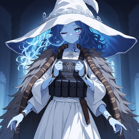 masterpiece, best quality, amazing quality, very aesthetic, high resolution, ultra-detailed, absurdres, newest, official wallpaper, 1girl, <lora:Ranni_illusXLNoobAI_Incrs_v1:1> RnnDef, blue eyes, one eye closed, blue hair, wavy hair, (4 arms:1.2), extra faces, ghost face, blue skin, colored skin, cracked skin, doll joints, witch hat, large hat, white headwear, white dress, long sleeves, fur cloak, brown cloak, <lora:TactFit [NOOBAI]:0.8> tactfit, black bulletproof vest, assault rifle, BREAK, foreshortening, extremely detailed clothes, detailed eyes, detailed skin, detailed hair, masterpiece, best quality, amazing quality, very aesthetic, high resolution, ultra-detailed, absurdres, newest, volumetric lighting, official wallpaper