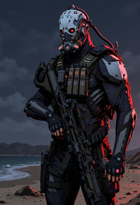 <lora:ck-cyber-relic-000015:1>, in the style of ckcr, sleek futuristic cyborg combat diver wearing a dual mode diver mask with a mares backmount and scuba gear, full kit with magazine pouches, wearing a tactical automatic rifle. standing on a hostile warzone beach at night. the diver is adorned with intricate, mechanical components, giving it a highly advanced, industrial look, with glowing red diodes and LEDs and a sleek matte gunmetal paint, dark cinematic mood