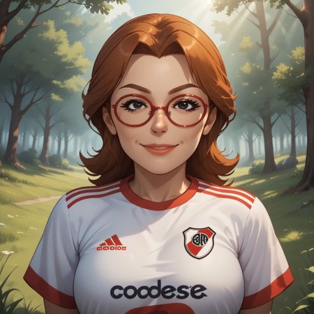 score_9, score_8, BREAK, solo, wii, mii, wii sports, 1girl, female mii, black eyes, auburn hair, brown eyebrows,  red glasses, lips, RiverPlate, striped shirt, striped, shirt, white shirt, short sleeves, clothes writing, sportswear, soccer uniform, nintendo mii, modern_mii, classic_mii, breasts, yoshi_(wii_sports), adult female, mature female, sexy pose, self portrait, smile, outdoors, sunlight, shadows, evening lighting, natural lighting, forest, trees, grass, orange sky, sunset
