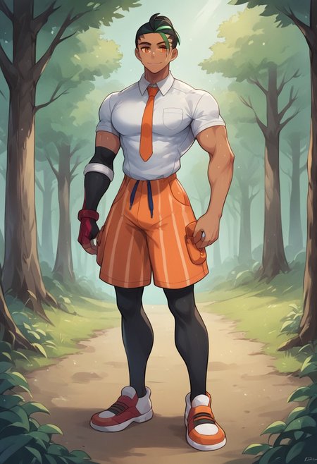 8k, score_9, score_8_up, score_7_up, 1boy, solo, male focus, fully body, high contrast, perfect eyes, 
Nemona, Naranja academy uniform, white shirt, orange shorts, single glove, pantyhose, multicolored footwear, orange necktie
outdoor background, forest background, 
handsome, very muscular male, huge pecs, broad shoulders, wide shoulders, narrow waist, angled view,