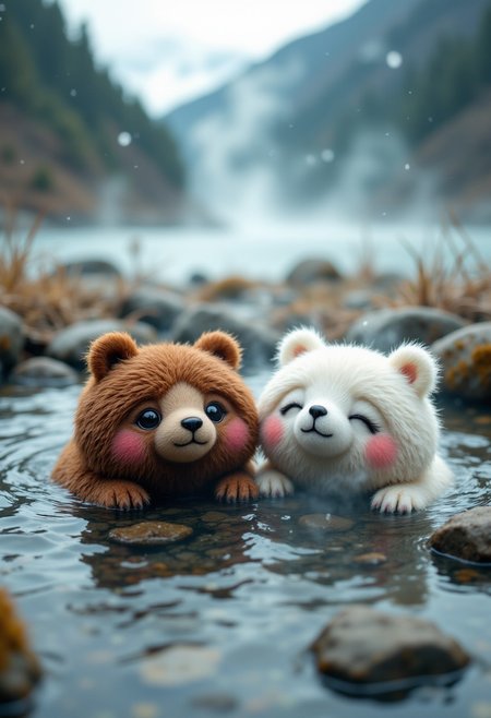 Lots of little cute bear dolls, brown bear, white bear, soaking in a big river, river deep in the mountains, hot spring, winter, snow falling, open air bath, neck-deep in hot water, eyes closed, smiling, smiling, mouth open, relaxed, childlike atmosphere, clay model Image, mountain top, steam, red cheeks, steam from river, wide angle, aerial composition,
aidmafluxpro1.1