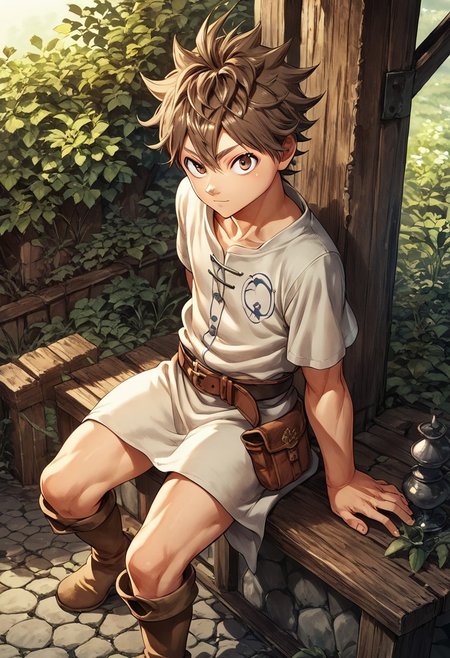 score_9, score_8_up, score_7_up, 1boy, solo,  cute boy, brown hair, brown eyes, tunic, belt, bare thighs, boots, Yuki_Tabata_Style
