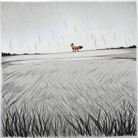 masterpiece, best quality, 32k, high resolution, absurdres, HD32k, masterpiece, extremely detailed, cute face, detailed eyes,Ssktcctch, traditional media, norman rockwell,Sk1c Style, Sketch,halftone, high contrast, 
(red fox), red fox walking in plains, scenery, wide angle, from side, heavy rain, thunder in background,