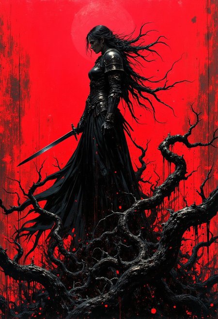 mythp0rt, A dark, armored female warrior standing atop a swirling mass of black, liquid-like tendrils erupting in chaotic motion. She wields a sleek, menacing blade in one hand, her body leaning forward in a dynamic and aggressive pose. Her flowing cloak and braided hair whip through the air, blending into the tendrils as if consumed by the darkness.
The background is a vivid, blood-red void, splattered and textured with chaotic patterns, contrasting sharply against the inky black tendrils and her silhouette. The scene has a painterly, high-contrast aesthetic, with dripping, splattered textures adding an ominous, abstract feel. High detail, cinematic lighting, dark fantasy, and surreal horror vibes.