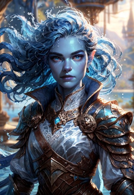 (((detailed, beautiful, high quality))), upper Body, score_9, score_8_up, score_7_up,
watergenasi, pointed ears, floating hair, liquid hair, wet clothes, wet body,
1 girl, blue skin, blue hair, armor,
looking at the viewer, posing, blurred background, blurred fantasy background,