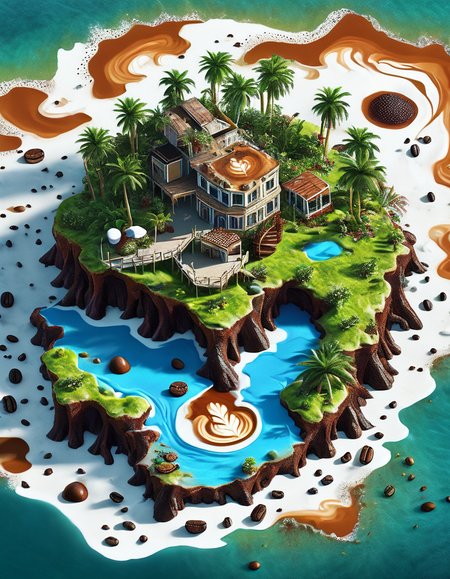((best quality)), ((masterpiece)), ((realistic,digital art)), (hyper detailed),DonMC0ff33Ch0c, Island, organic, irregular shapes , <lora:DonMC0ff33Ch0c_XL-000006:1.0>