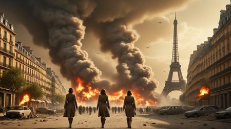 cinematic film still Impressionist painting hyperdetailed photo, Cinematic, post apocalyptic, atom bomb explosion, dystopian photography of destructed city of Paris in France,  destroyed city,Collapsing buildings in fire, with effeil tower, as a desert, with a sandstorm in background, (building destroyed:1.2), european cars wreck, trees grow, nature is back, (plane crashing:1.3), one french woman in the center of the picture, (runing towards horizon:1.2), looking at the horizon, dressed as a military woman, hyper detailed, Lightning light . Loose brushwork, vibrant color, light and shadow play, captures feeling over form . shallow depth of field, vignette, highly detailed, high budget, bokeh, cinemascope, moody, epic, gorgeous, film grain, grainy