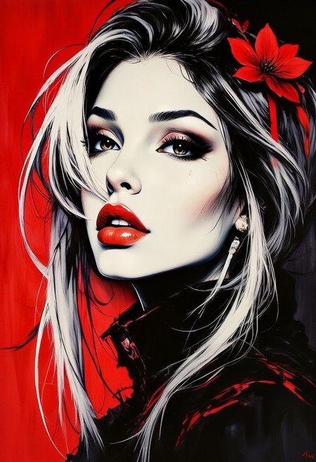 Silhouette Art, magnificent, dark background, ink art portrait of stunning oriental woman, long silver hair with dark roots, seductive, sultry, lustful, red lips, direct gaze, light hitting one side of face, red background