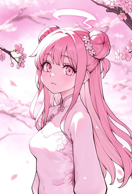 masterpiece,best quality,amazing quality,
solo, 1girl, cherry blossoms, upper body, looking at viewer, branch, dress, double bun, long hair, flower, pink theme, hair bun, closed mouth, halo, hair ornament,
 <lora:Shiwasu_no_Okina:1>