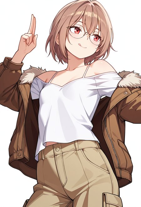Smooth Quality,masterpiece,very intricate, high quality details, ultra realistic, high detailed skin,detailed enviorement,absurdres,
simple background, white background, dancing,skindentation, solo,from below,two-finger salute,
 <lora:Young-Joo_CNR:0.8> young_joo_cnr, 1girl, brown hair, short hair, red eyes, glasses, young_juniform_cnr, off-shoulder top, ,fur-trimmed jacket,  ,cargo pants, ,, sulking,, :q,