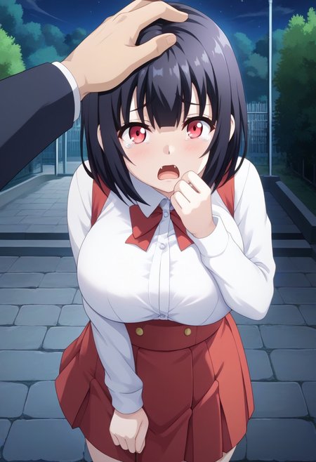 score_9,score_8_up,score_7_up,score_6_up, source_anime, BREAK, 
(headpat, 2girl pov hands), (upper body shot),  
Hiraki Hanako, solo, 1girl, (large breasts), (shortstack), pale skin, short hair, black hair, bangs, red eyes, fangs, school uniform, collared shirt, white shirt, long sleeves, high-waist skirt, suspenders, red skirt, mini skirt, white socks, loafers, 
surprised, (tears:1.2), (tear drops), looking up, crows pose, 
outdoors, (at night:1.3),