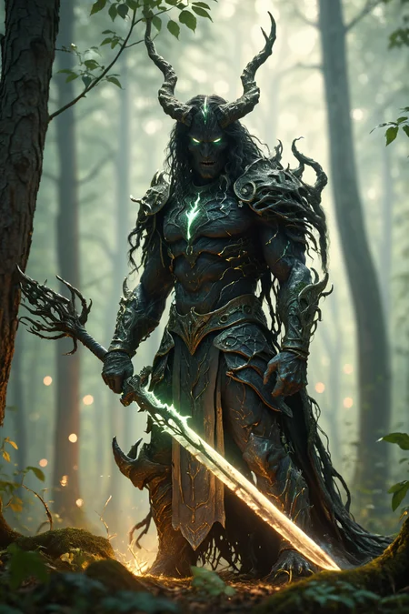 Silhouettes of dark ghostly tree man. Capture the essence of Nature's mystical beings He stands ready to fight intruders.
long hair. Glowing eyes. Glowing spear. Forest color palette. Light armor made of roots and leaf. Realistic.
DEVIL SPAWN. Cinematic lighting, Volumetric lighting, Epic composition, Photorealism, Bokeh blur, darkness, night, moon light, intricate glowing aether tattoos,
<lora:HKStyle:0.8> HKStyle,
<lora:add-detail-xl:0.85>,
<lora:EnvyBetterHiresFixXL01:1.0>,
<lora:extremely_detailed:1.2>, extremely detailed,
<lora:EnvyStarlightAetherglow01:1>