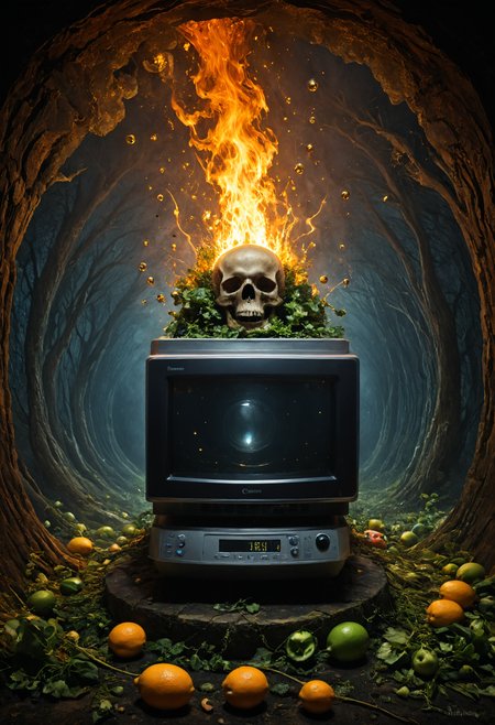 Horror-themed ((({A animals Dynamic, Instead of heating food, this Reverse Microwave instantly freezes items placed inside; it has an exterior resembling traditional microwaves but with frosty designs.)
 (((with exaggerated expressions))) With Higgs Boson Bubbles: Tiny bubbles of the 'God particle' float around this fruit, giving mass to nearby objects., Starburst Effect: Narrow your aperture (e.g., f/16 or smaller) when shooting bright lights like street lamps or sunlight peeking through trees. This creates star-shaped flares around light sources for magical effects..(dynamic:1.1),sun rays,(taken by 4mm fisheye lens:1.1), 
(Vivid, HDR, Canon50, 8K, Hyper Realistic, Dramatic, Epic, Dynamic Contrast, Cinematic Lighting, increased brightness)(((Zoomed Out, Far away Shot))) = =. Epic dynamic lighting , vibrant,highly detailed,psychedelic,((Psychedelic, rainbow glow ))
((Vivid, Epic, Dynamic contrast)) (((Zoomed out, Far away shot, In frame)), (((Cinematic, Studio lighting, Contrast)))
<lora:rundiffusionXL_beta:0.8><lora:epicrealismXL_v5Ultimate:0.8><lora:crystalClearXL_ccxl:0.9>
<lora:extremely_detailed:0.8> extremely detailed
<lora:hyperkraximalism:0.6> hyperkraximalism
<lora:JuggerCineXL2:0.8> Movie Still, Film Still, Cinematic, Cinematic Shot, Cinematic Lighting
<lora:xl_more_art-full_v1:0.2>    <lora:RMSDXL_Darkness_Cinema:0.1>
 <lora:HellAI_XL:0.6> HellAI, skull, fire, demon, monster, - Generate images with sharp edges and fine details.
- Produce high-resolution images with no blurriness or distortions.
- Create images with clear and well-defined subjects.
- Ensure that the output images have crisp lines and distinct features.
- Generate images with vibrant colors and accurate tones.
- Avoid noise or artifacts in the generated images.
- Focus on producing clear textures and patterns in the images.
- Emphasize clarity and definition in all aspects of the generated images.
- Prioritize the sharpness and clarity of the main subjects in the images.
- Optimize the AI model to produce clear and visually appealing images., Wlop, By art germ . Eerie, unsettling, dark, spooky, suspenseful, grim, highly detailed