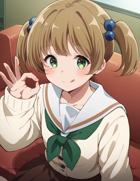 score_9, score_8_up, score_7_up, source_anime, <lora:satsuki-suzuki-s3-ponyxl-lora-nochekaiser:1>, satsuki suzuki, short hair, bangs, brown hair, hair ornament, twintails, green eyes, light brown hair, hair bobbles,, long sleeves, school uniform, serafuku, sailor collar, neckerchief, sleeves past wrists, cardigan, white sailor collar, kitauji high school uniform, green neckerchief, skirt, pleated skirt, brown skirt,, stilt house, tall, water, unique, support, , <lora:money-gesture-ponyxl-lora-nochekaiser:1>, money gesture, blush, sitting, couch, arm support, smile, tongue out, knee up, from above, looking at viewer, solo,, dutch angle, cowboy shot