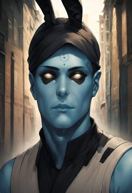 SFW, rating_all, score_10, score_8_up, score_7_up, beautiful, realistic, detailed, perfect, quality, vector, flat colors, masterpiece, drmanhattan as The Blue Meanie, headshot, 1boy, glowing, blue skin, bald, white eyes, no pupils, robber's mask, black cap, black rabbit ears, red lips, yellow teeth