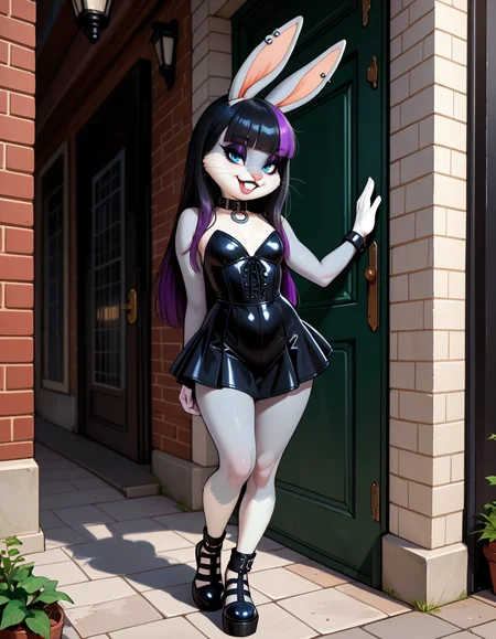 masterpiece, best quality, very aesthetic, absurdres,
outdoors, goth fashion, 
full body, posing, standing, 
seductive smile, parted lips, long eyelashes,
<lora:Goth_Bugs_Bunny_v01_NAIXL:1>
G07h88,1girl,solo,furry,furry female,rabbit girl,rabbit ears,long hair,multicolored hair,black hair,purple hair,blunt bangs,rabbit ears,piercing,blue eyes,makeup,eyeshadow,snout,animal nose,whiskers,buck teeth,collar,body fur,two-tone fur,grey fur,white fur,rabbit tail,