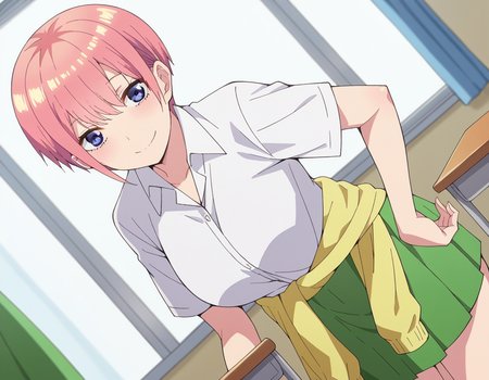 score_9, score_8_up, score_7_up, source_anime,
ichikanakano, <lora:ichika-nakano-s2-ponyxl-lora-nochekaiser:1>, 
ichika nakano, short hair, bangs, blue eyes, hair between eyes, pink hair, pixie cut, smile, mature female,
skirt, shirt, school uniform, white shirt, short sleeves, pleated skirt, collared shirt, sweater, green skirt, clothes around waist,
indoors, classroom, smile, bent over,
looking at viewer, cowboy shot, solo, dutch angle,